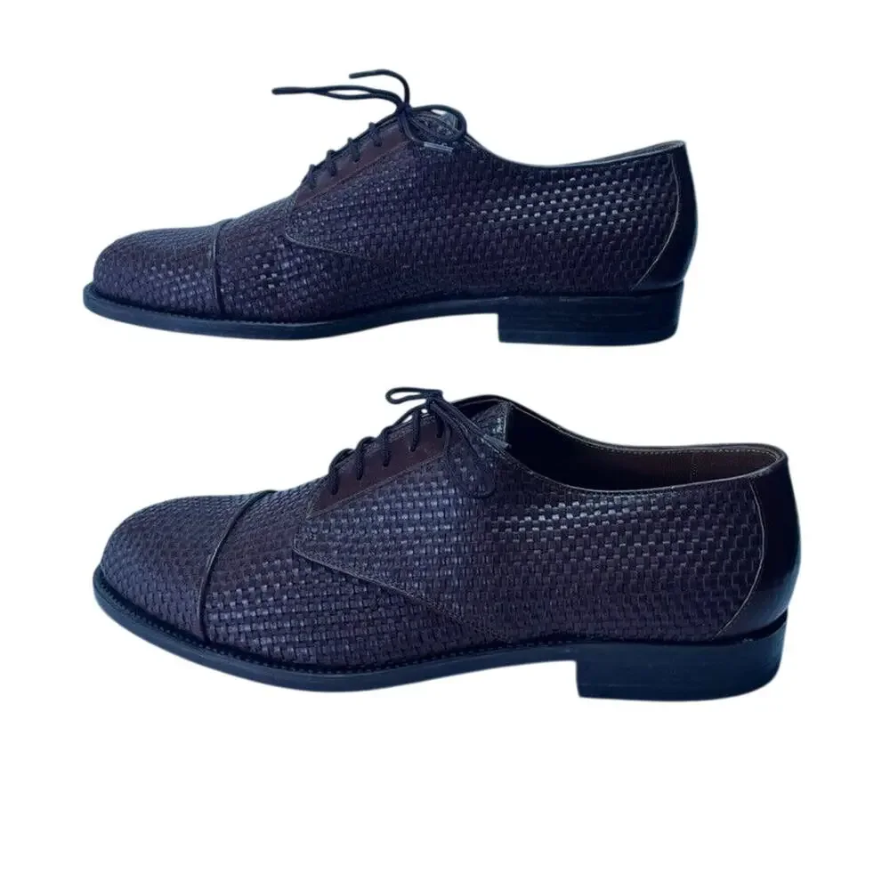 Handmade Shoes Mens Oxfords Basket Woven Leather Cap Toe Lace Up